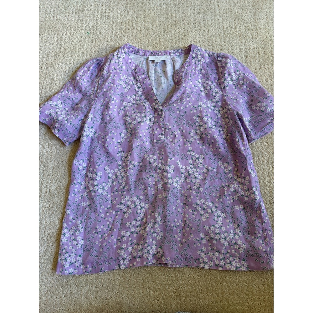 100% Linen Blouse Women XS Purple Floral V-Neck Short Sleeve Cottagecore Pastel